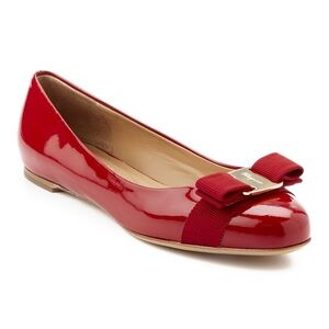 Salvatore Ferragamo Red Patent Varina Bow Flats - Size 5.5D/Wide